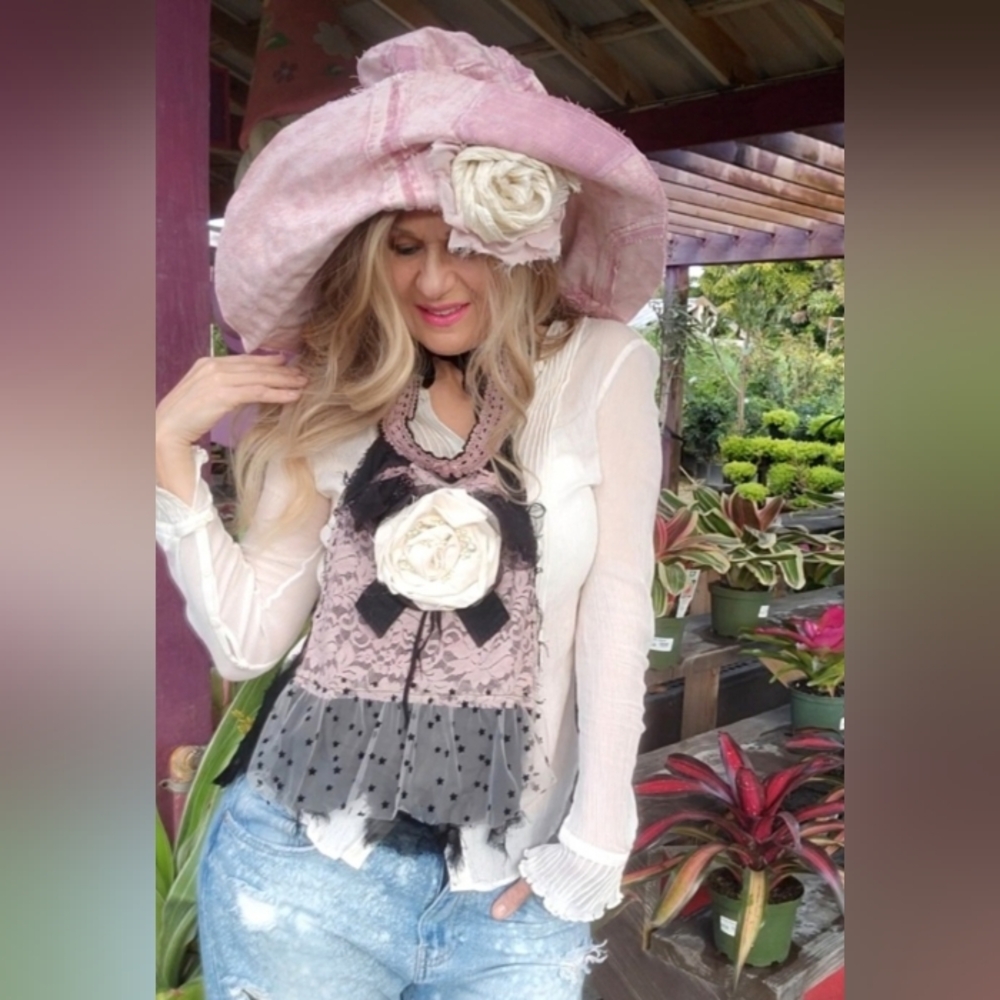 Pink Denim Designer Top Hat Ripped Patched Cottage Rose Of-White Botanical Boho